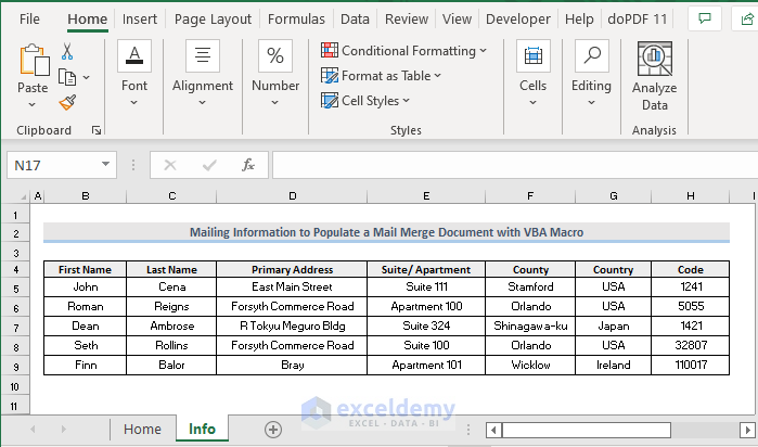 Contact details for the macro to populate a mail merge document from excel