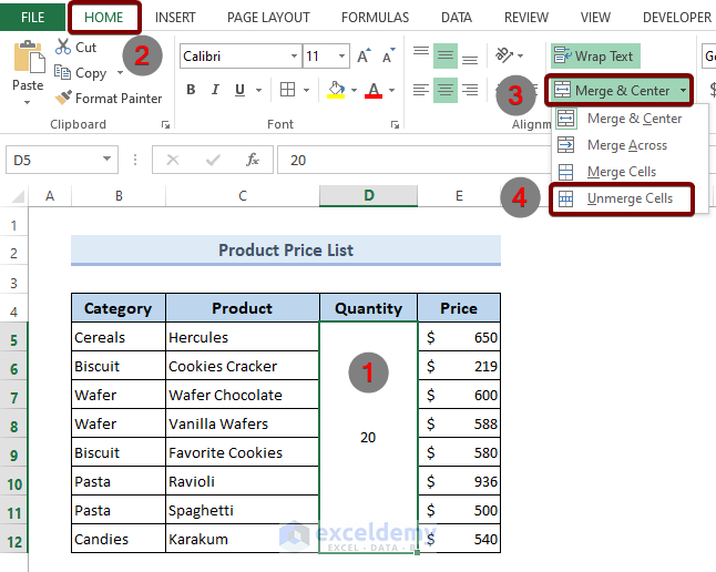 Unmerge Cells to Avoid Multiple Cells Are Selected with One Click in Excel