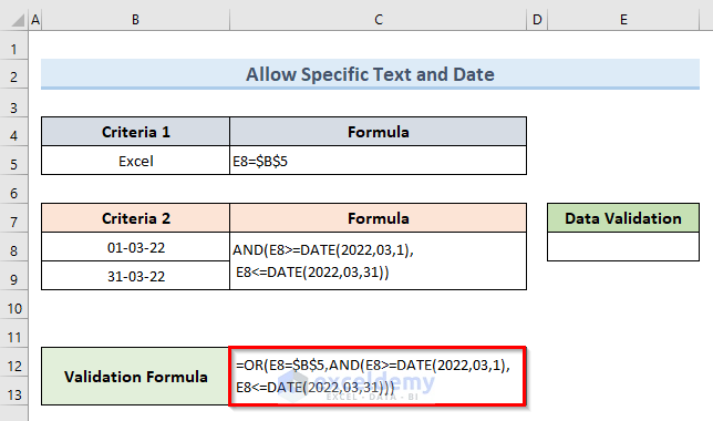 Allow a Text and a Date between Two Dates by Applying Multiple Data Validation in One Cell