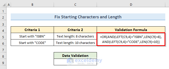 Use Multiple Data Validation in One Cell in Excel to Fix Starting Character and Length of a String