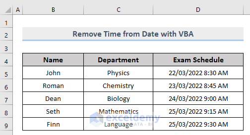 Dataset to remove time from date in excel vba