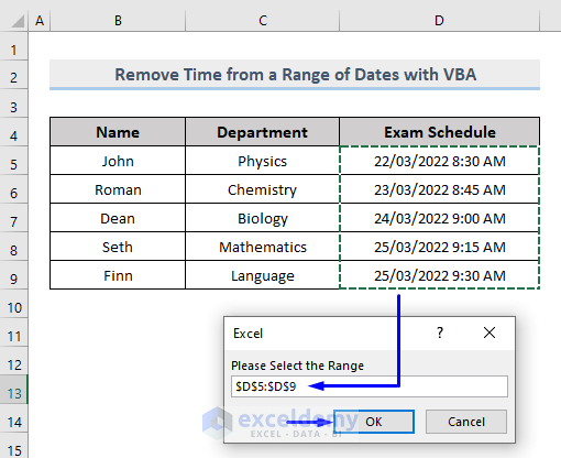 Selecting range to remove time from date in excel vba