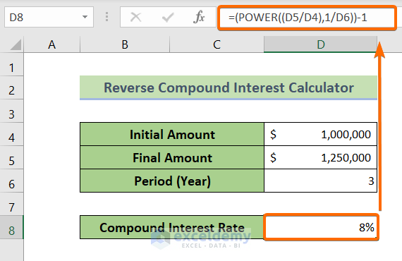 Use the POWER Function to Create a Reverse Compound Interest Rate Calculator