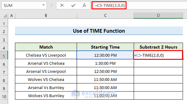 Subtract Hours with Excel TIME Function