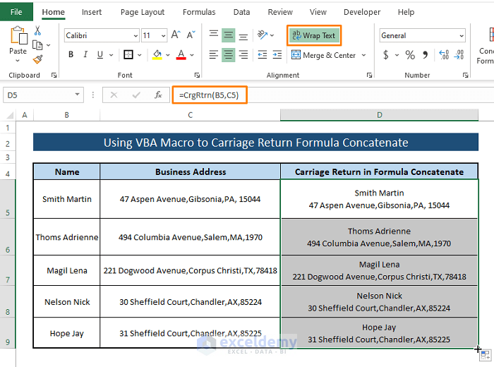 Carriage Return in Excel Formula to Concatenate