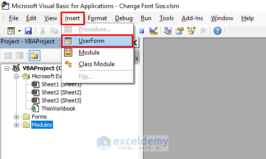 Inserting UserForm to Change Font Size of the Whole Sheet with Excel VBA