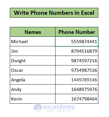 write phone number in excel