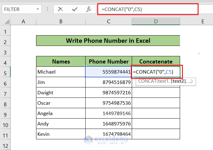using concatenate to write phone number in excel