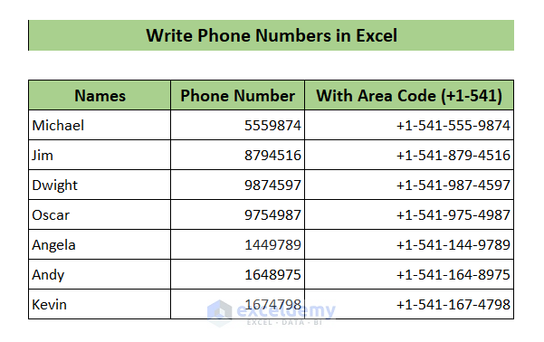 write phone numbers with area code in excel