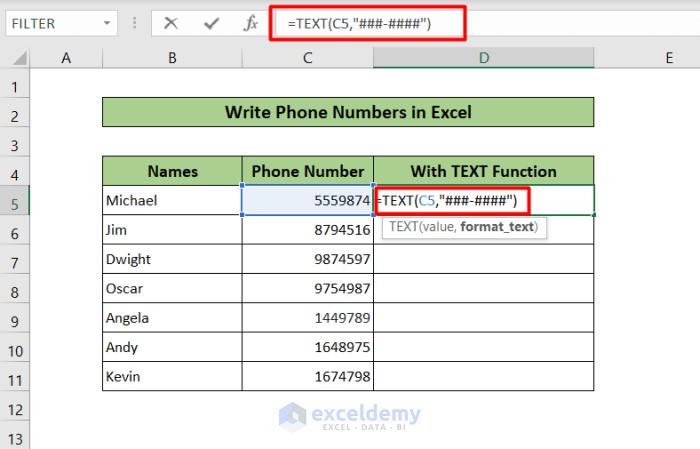 text function to write phone numbers