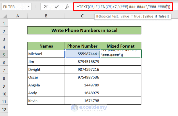 text, if and len function to write phone number in excel