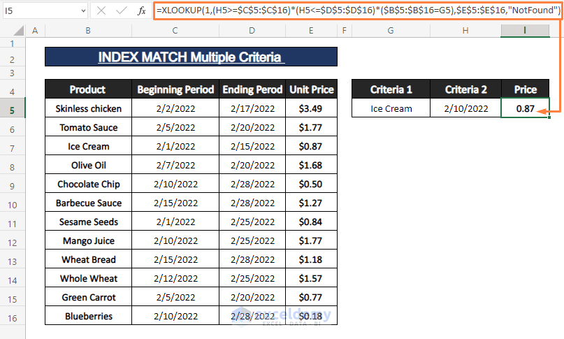 xlookup function-Index Match Multiple Criteria Date Range