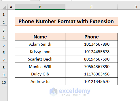 Sample Dataset to Format Phone Number with Extension in Excel
