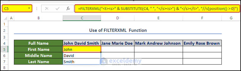 FILTERXML function to segment the name parts