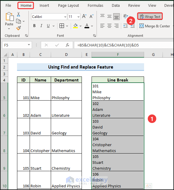 Excel replace character with new line