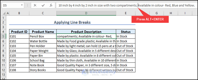 Applying Line Break to Wrap Text in Excel Cell