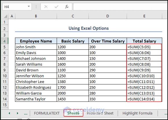 Result after using Excel Options to Show All Formulas