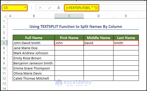 Using TEXTSPLIT function to split names in Excel