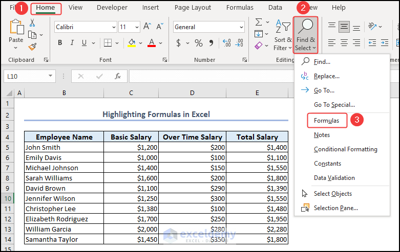 Selecting Formulas from the Find & Select Feature