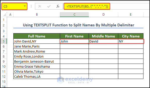 Using the TEXTSPLIT with multiple delimiter to split text