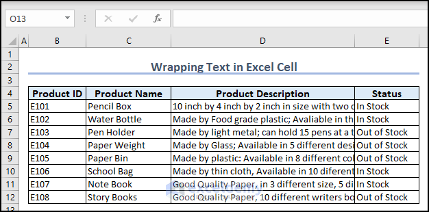 Dataset for Wrapping Text in Excel Cell