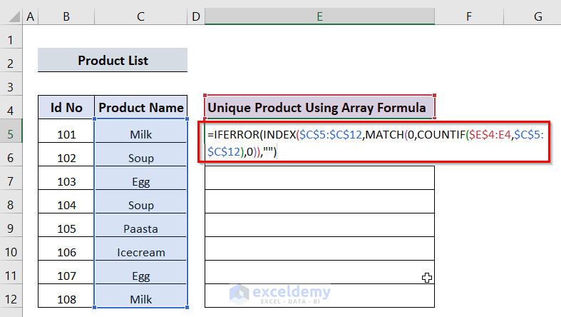 Extract Unique Items form a List in excel Using Array Formula
