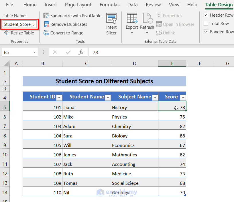 Rename a Table in Excel using VBA Code