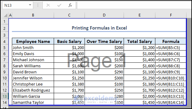 Print Preview of Excel Formula