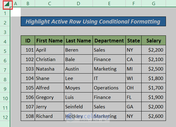 Highlight Active Row Using Conditional Formatting