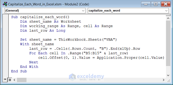Writing VBA Code to Capitalize Each Word in Excel