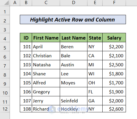 Highlighting active row and column