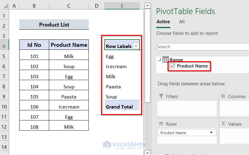 Extract Unique Items from a List in Excel Using Pivot table