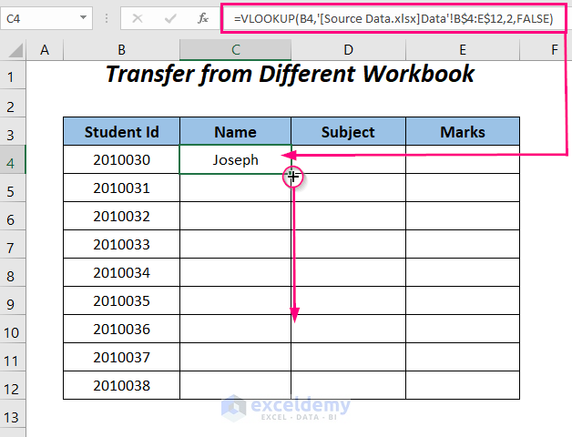 transfer data from different workbook