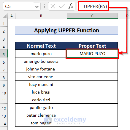 Applying UPPER Function to Capitalize Each Word in Excel