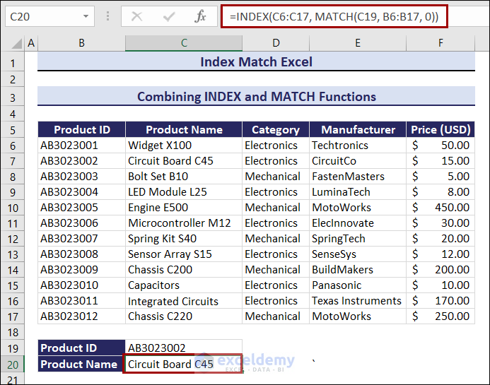 Using a combination of INDEX and MATCH function in Excel