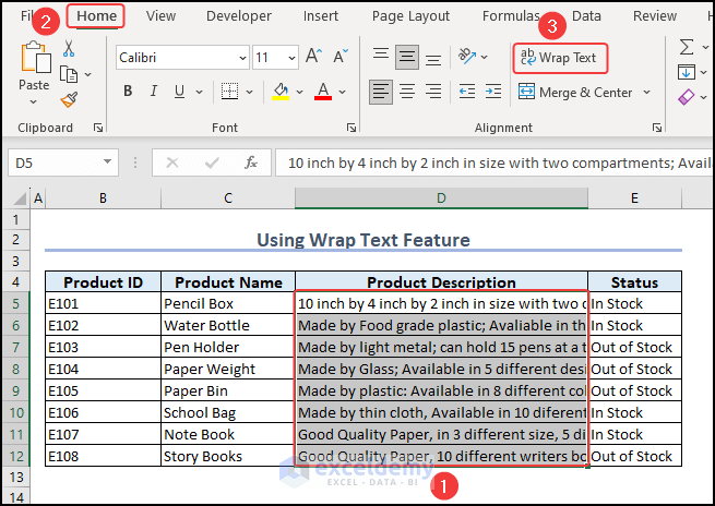 Selecting Wrap Text Feature