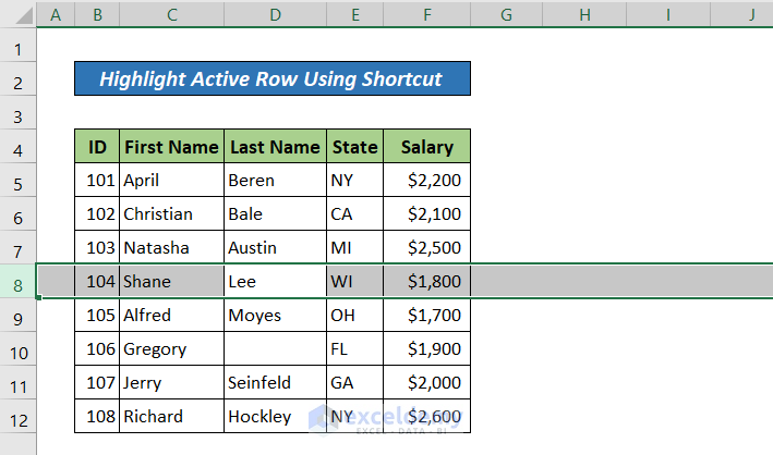 Selecting active row using shortcut