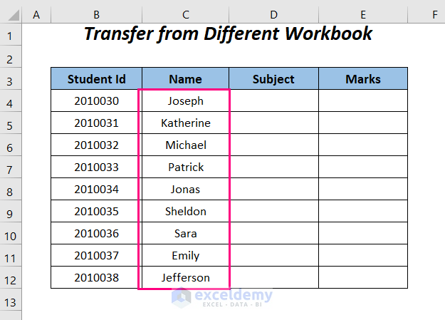 transfer data from different workbook