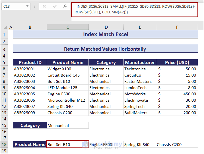 Return match values horizontally