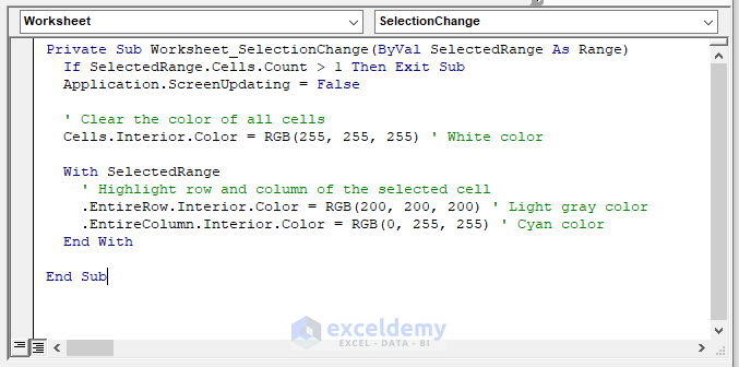 VBA code highlight row and column