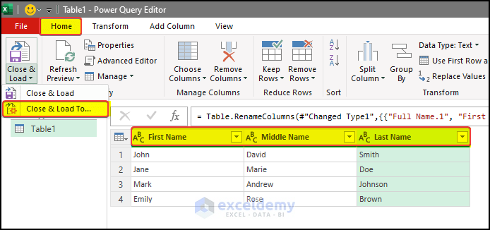 Change the column name and load the power query table to the worksheet