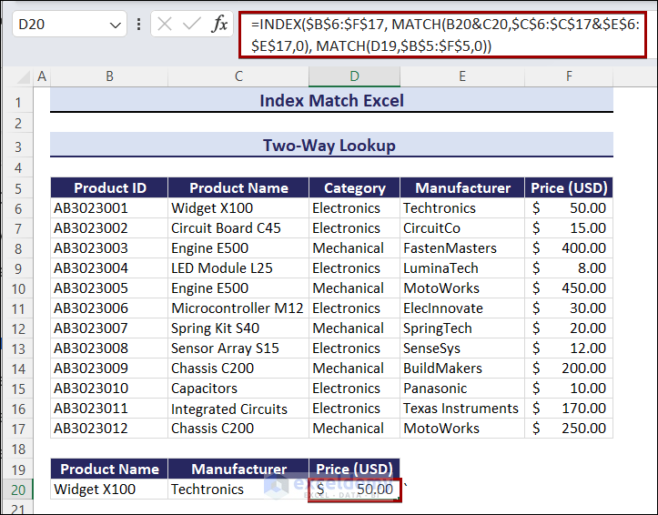 Two way lookup using INDEX MATCH Functions
