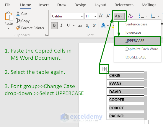 Change Lowercase to Uppercase in Excel Using Microsoft Word