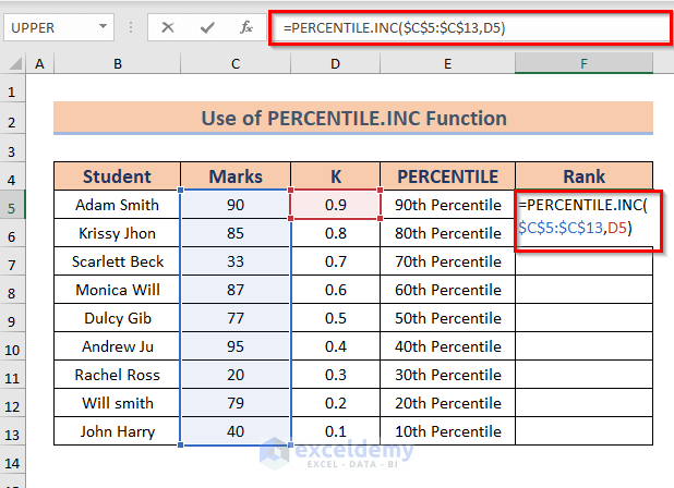 Using Excel PERCENTILE.INC Function to Percentile Rank