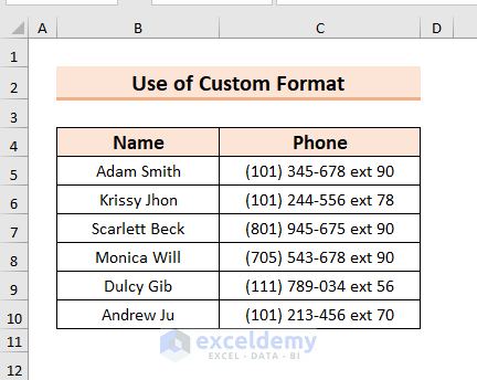 Use of Custom Format Feature to Format Phone Number with Extension in Excel