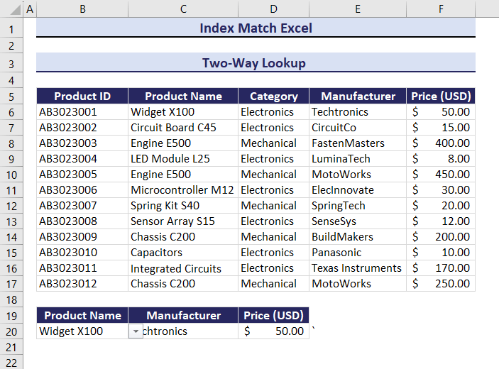GIF of two-way lookup using INDEX MATCH Functions