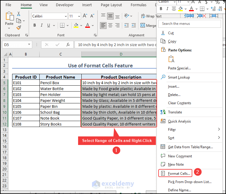 Selecting Format Cells Feature