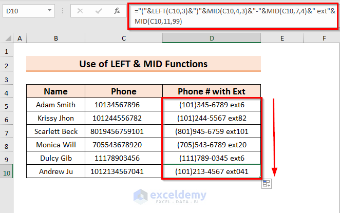 Format Phone Number with Extension by Using Excel Combined Functions 