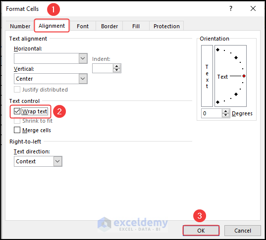 Selecting Wrap Text from Format Cells dialog box