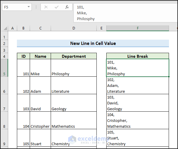 Excel new line in cell